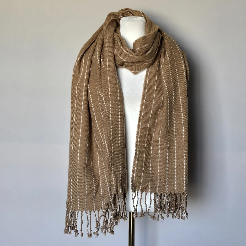 Abercrombie & Fitch Tan Super Soft Striped Boho Fringe Cozy Scarf Wrap